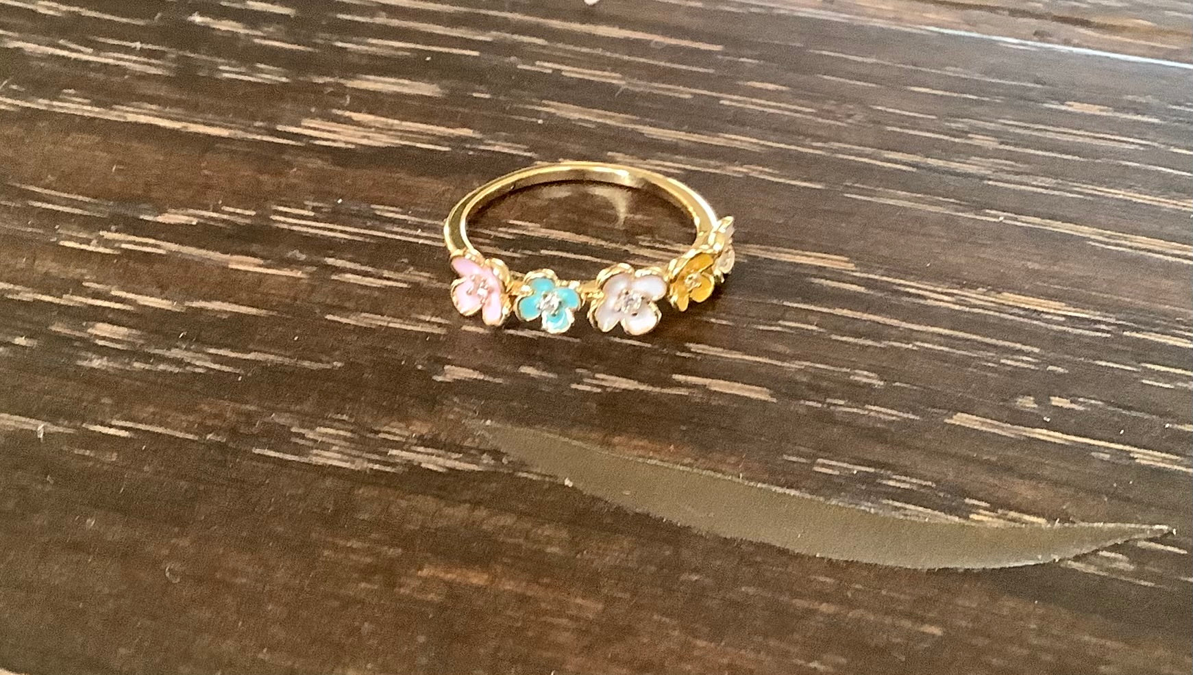 Gold plated, enamel and crystal flower ring