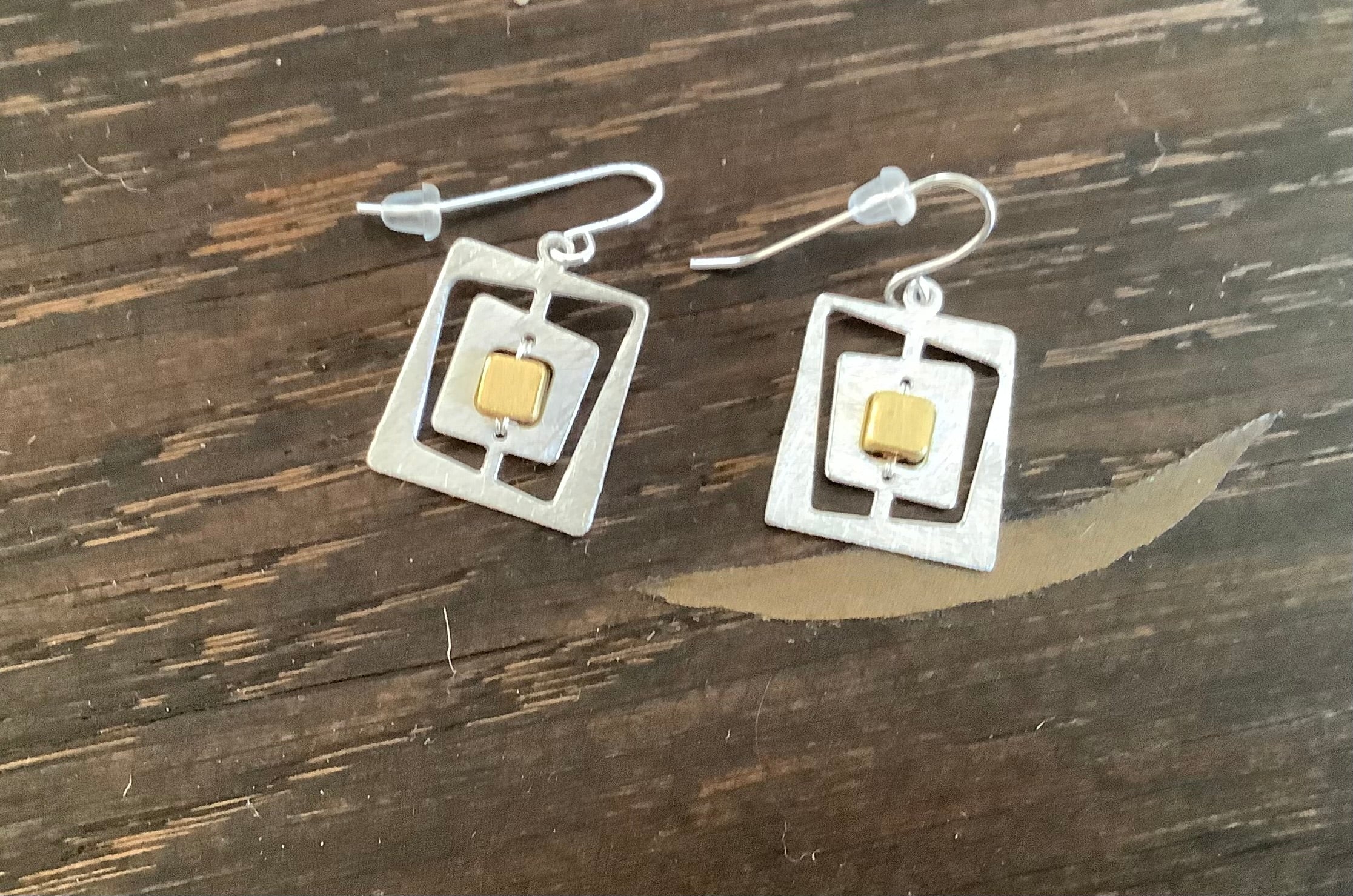 Faux gold and silver plate irregular nested square drop earrings
