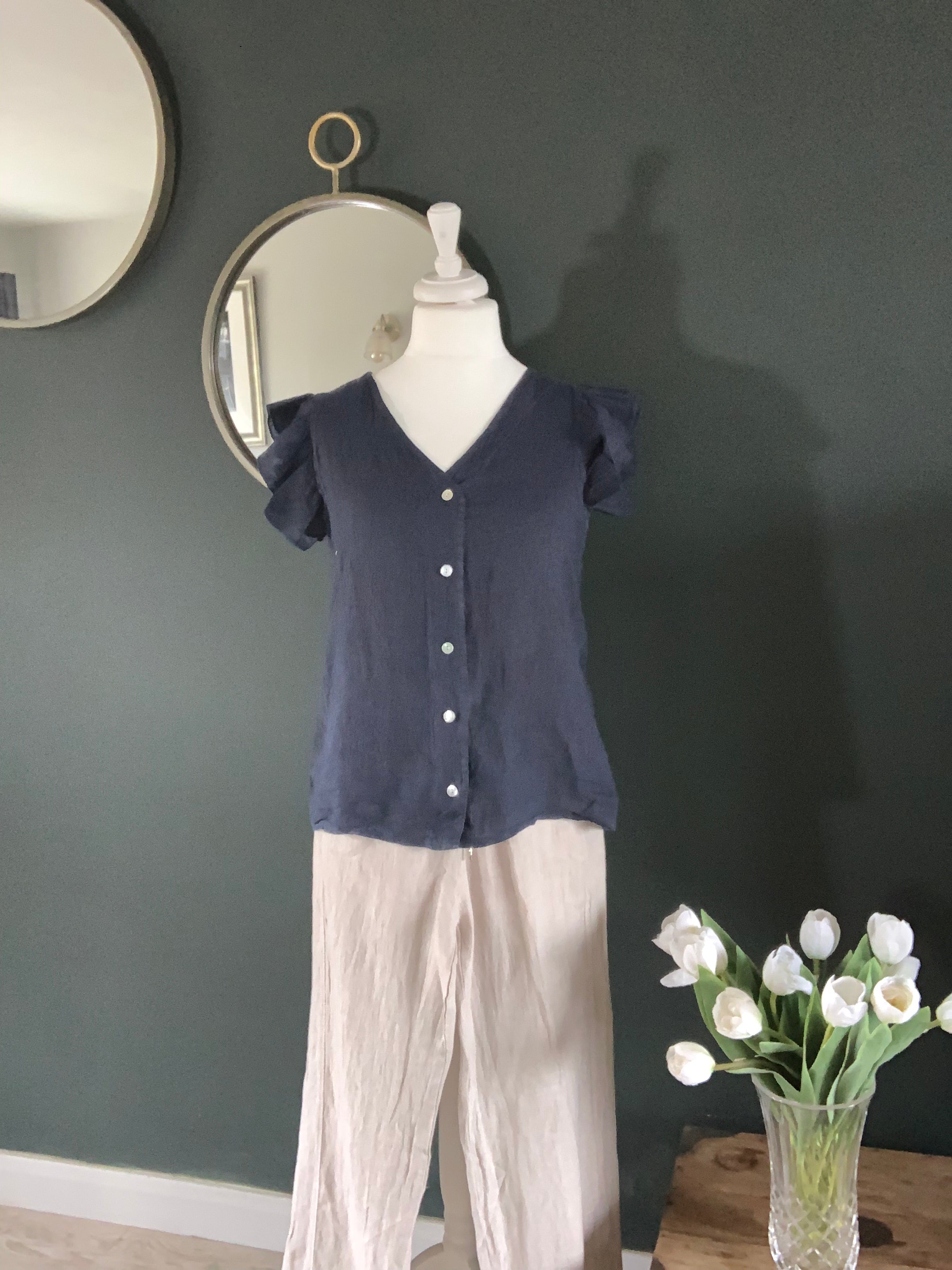 Navy linen top with a frill sleeve