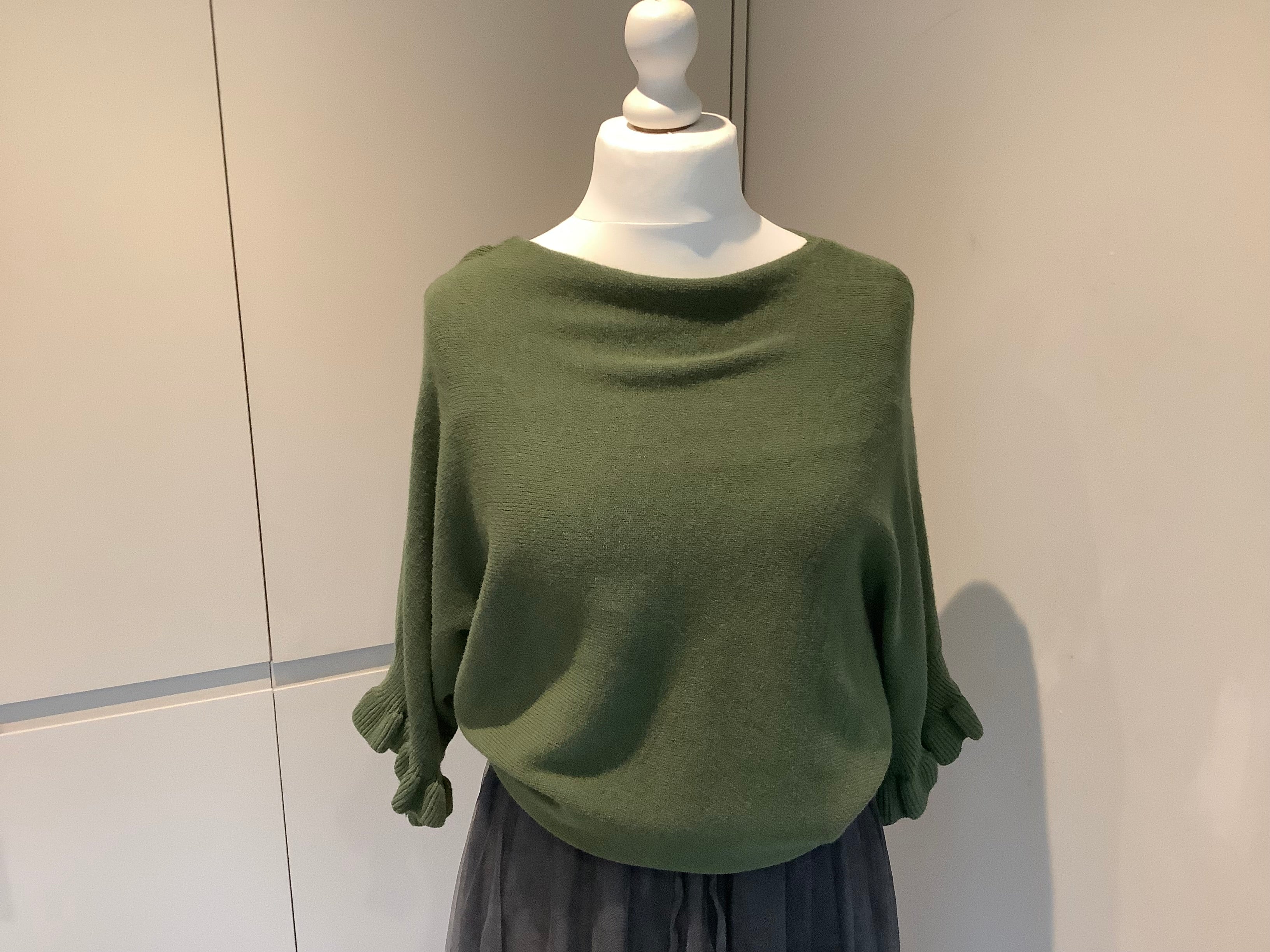 Khaki frill sleeve sweater