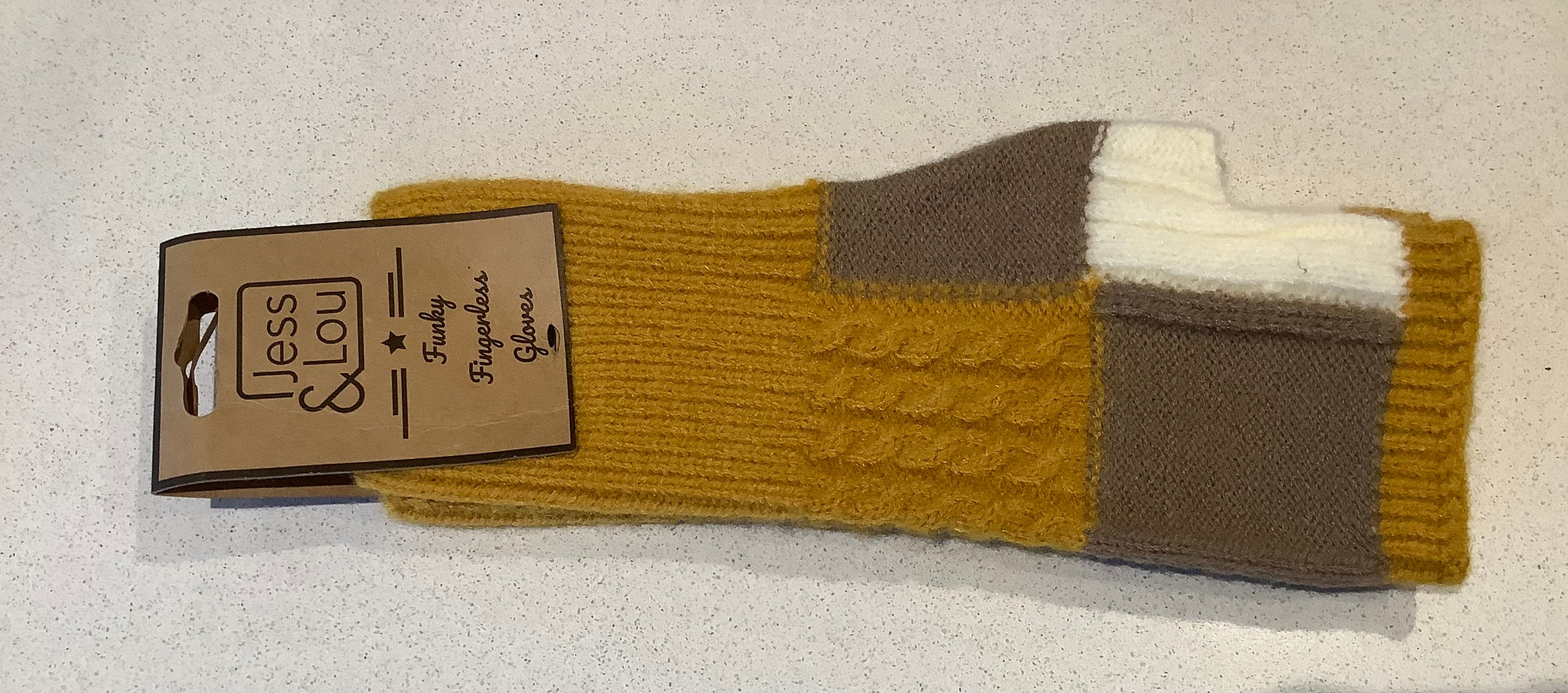 Block colour fingerless gloves - mustard, mocha and cream