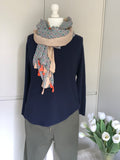 Print scarf ivory and orange trim